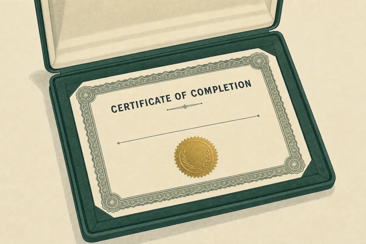 A certificate of completion with an ornate border and gold seal, its accomplishment line blank, resting in an open presentation cover.