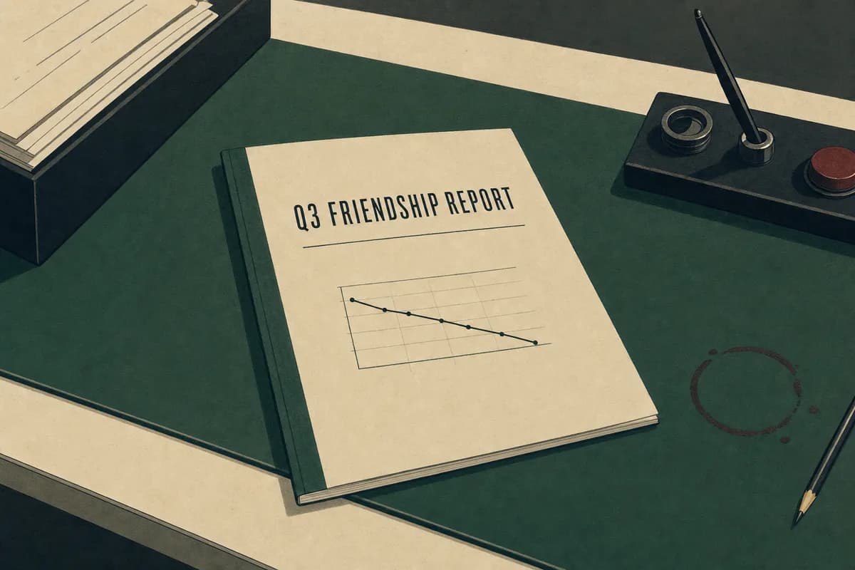 A bound quarterly report cover reading Q3 Friendship Report, with a small line chart trending gently downward.