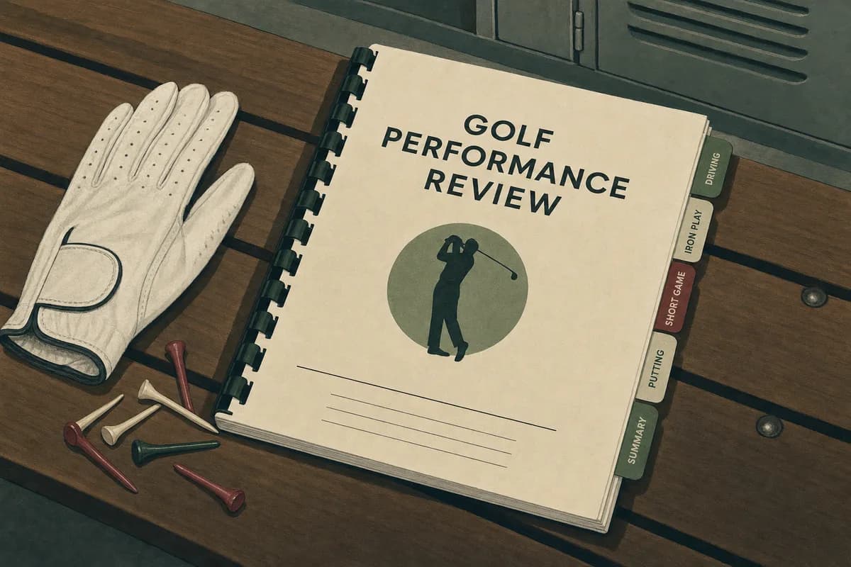 A comb-bound review document resting on a wooden locker-room bench beside a golf glove, its cover reading Golf Performance Review.