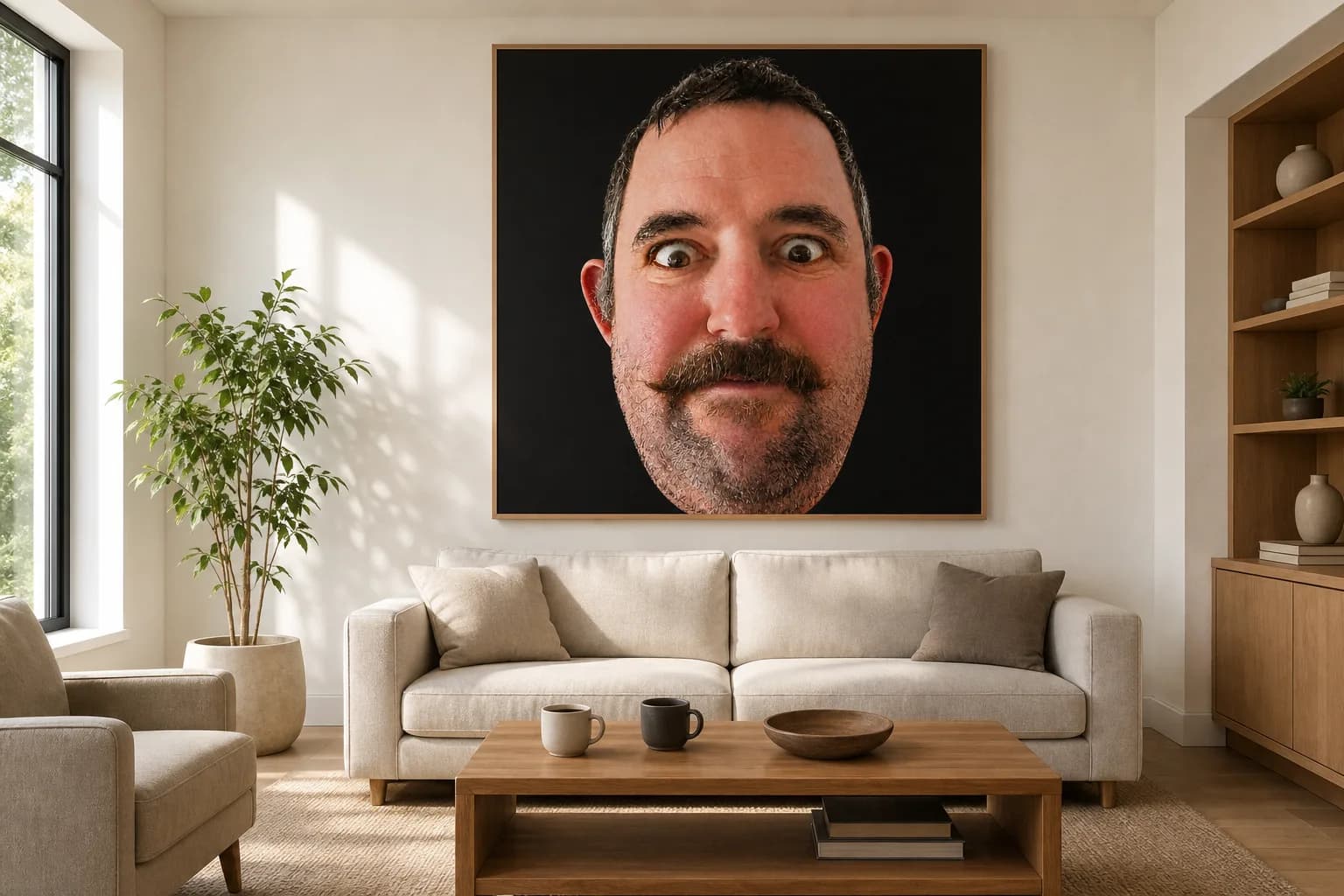 The Commitment: an enormous framed portrait of a wide-eyed man with a handlebar mustache, hung over an otherwise tidy living-room sofa