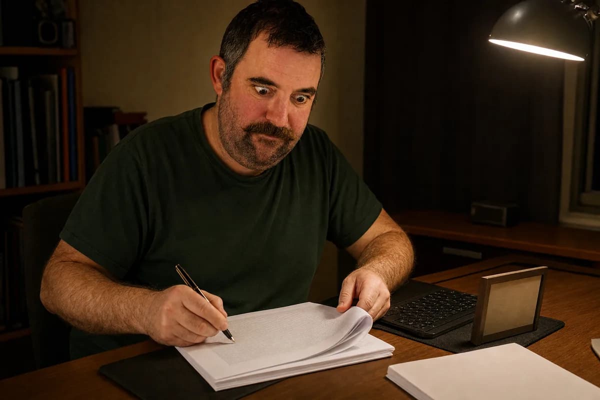 A man at a lamp-lit desk annotating the margin of a thick stapled multi-page document, a second copy squared up beside a keyboard and a small blank desk plaque.