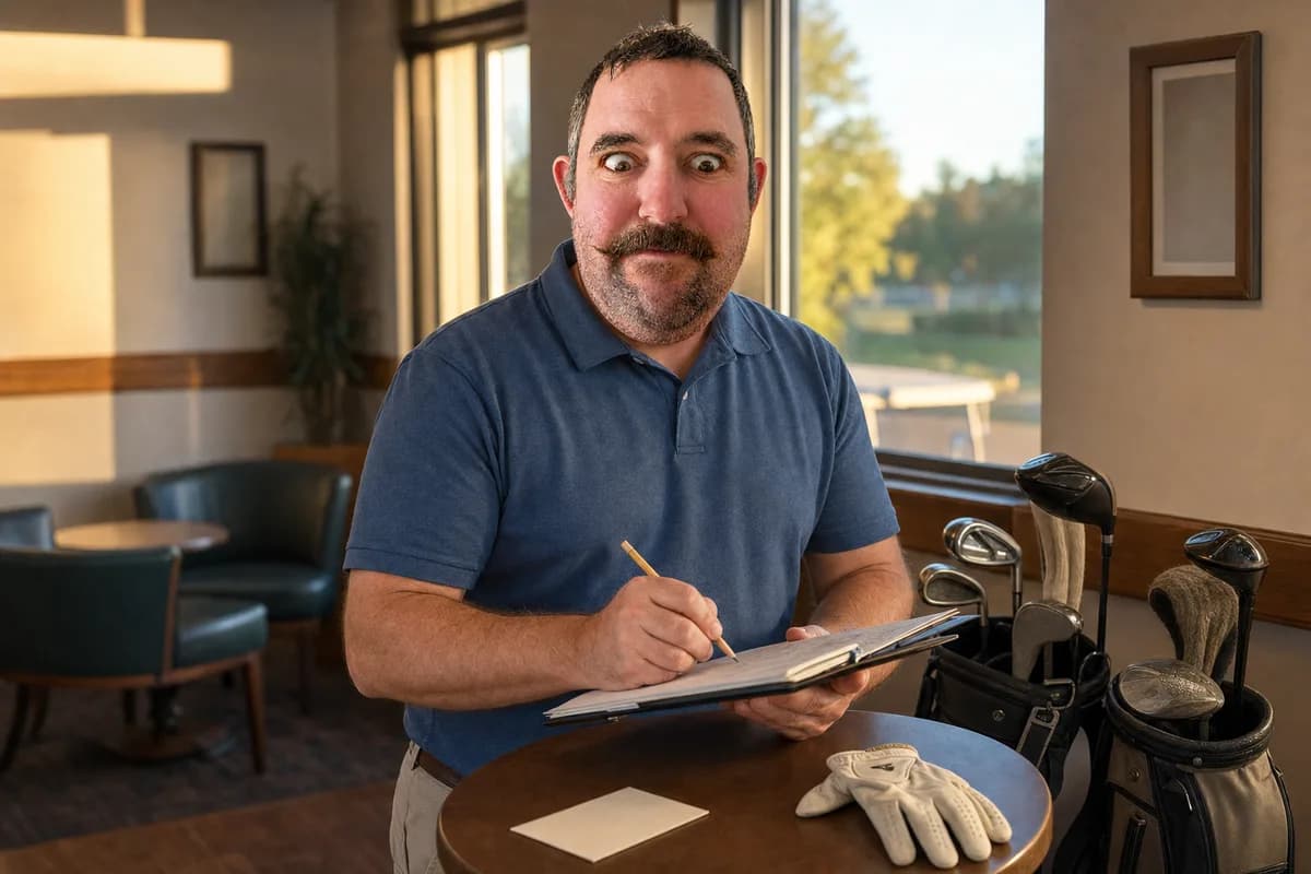 A man in a quiet clubhouse marking a clipboard of stapled pages with a short pencil, two golf bags leaning beside the table in low evening light.