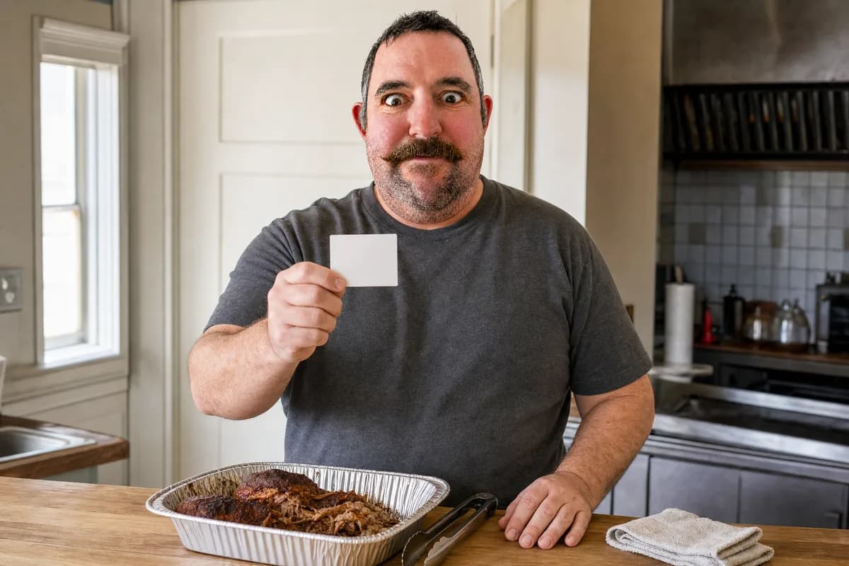A man at an indoor kitchen serving counter holding a small blank wallet-sized card upright between finger and thumb, a foil tray of food and long tongs on the counter beside him.