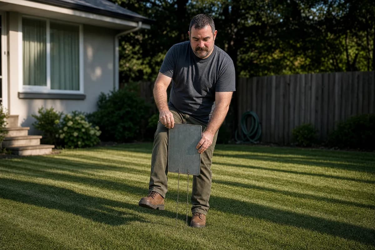 A man standing on a striped suburban lawn, pressing the knee-high wire stake of a small weathered blank yard sign into the turf with his shoe while steadying the panel upright.