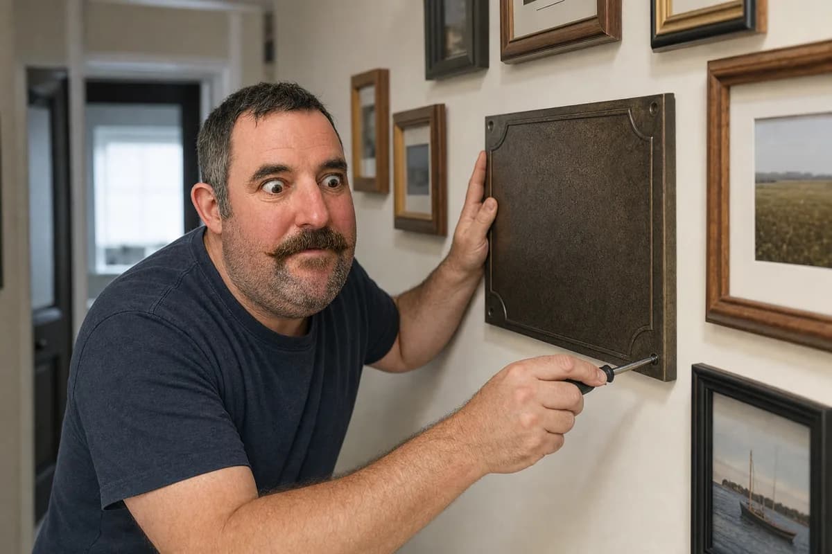 A man in a photograph-lined hallway steadying a heavy cast-bronze wall plaque with one hand while driving its lower fixing with a small screwdriver.