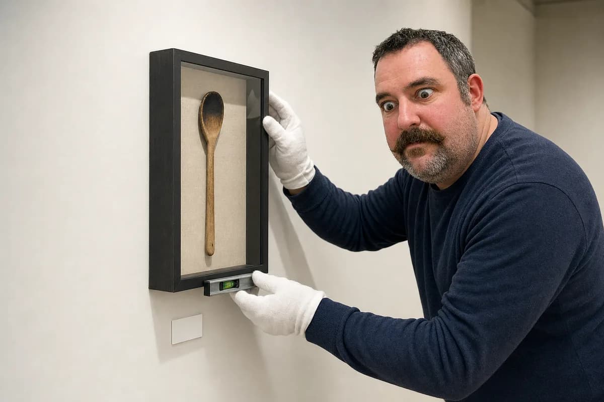 A man in white art-handler gloves holding a small spirit level against a glass-fronted shadow box containing a scorched wooden spoon, steadying it against a gallery wall.