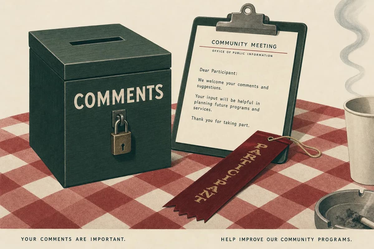 A wooden comment-card box with a slot, a clipboard bearing association letterhead, and a satin ribbon reading PARTICIPANT laid out on a checked picnic table.
