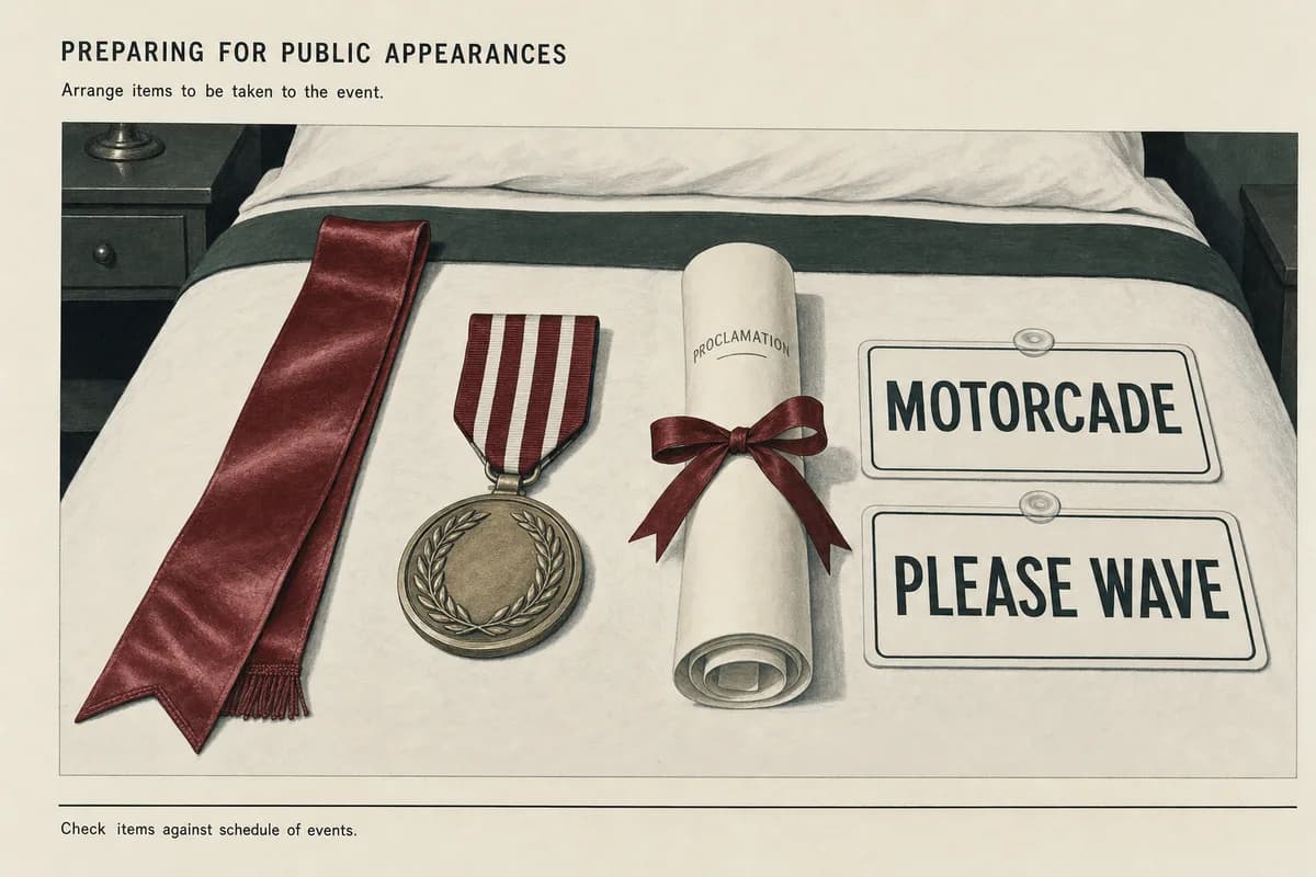 A satin sash, a heavy medal on a striped ribbon, a rolled proclamation, and two window placards reading MOTORCADE and PLEASE WAVE laid out on a bed.