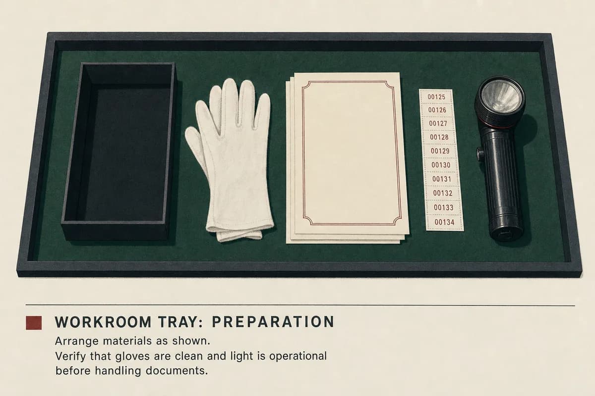 An empty shadow box, white cotton gloves, sheets of ivory certificate paper, numbered accession labels, and a small battery spotlight laid out on a felt-lined workroom tray.