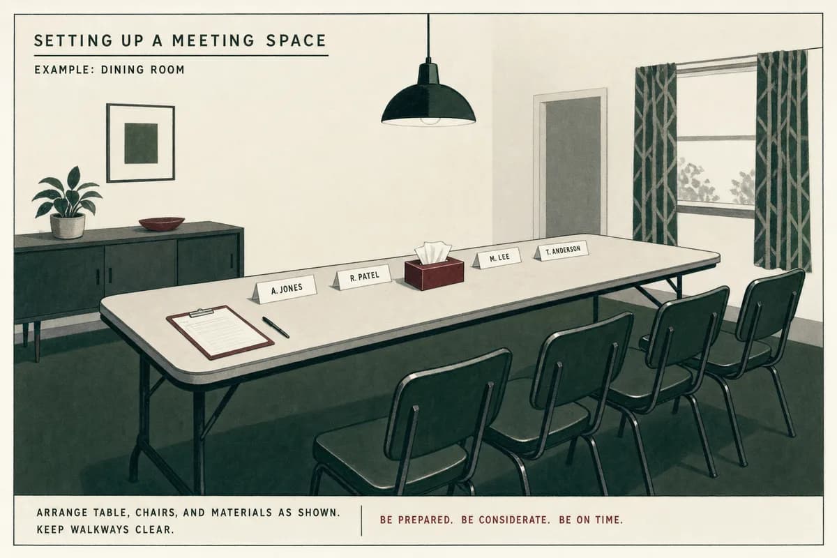 A folding table set with a clipboard, paper name tents, and a centered box of tissues in an ordinary dining room under a single pendant light.