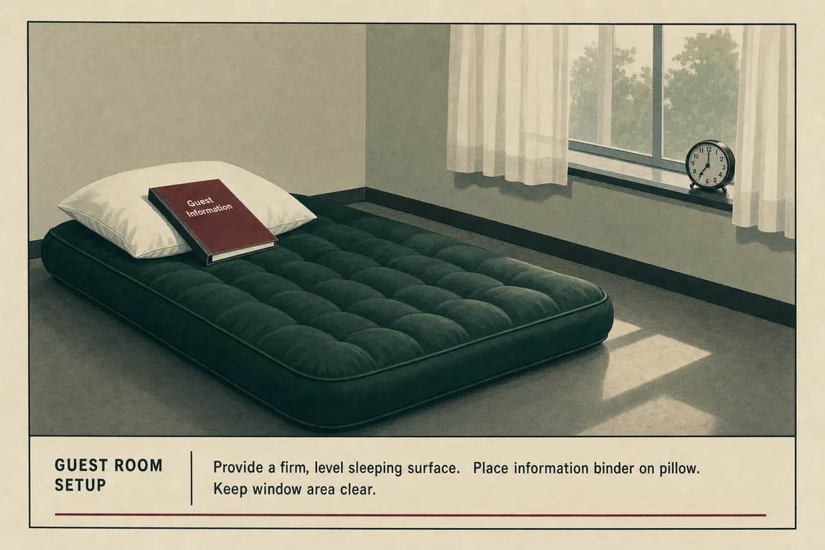 A neatly made air mattress on a guest room floor, an analog alarm clock on the far windowsill, and a laminated binder placed squarely on the pillow.