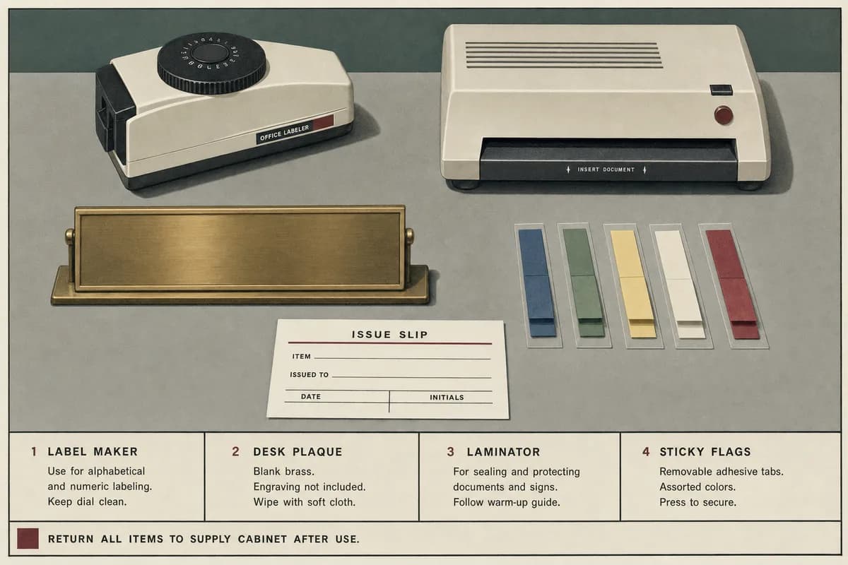A label maker, a blank brass desk plaque on a stand, a tabletop laminator, and fanned sticky flags arranged in a precise grid on a gray office desk.