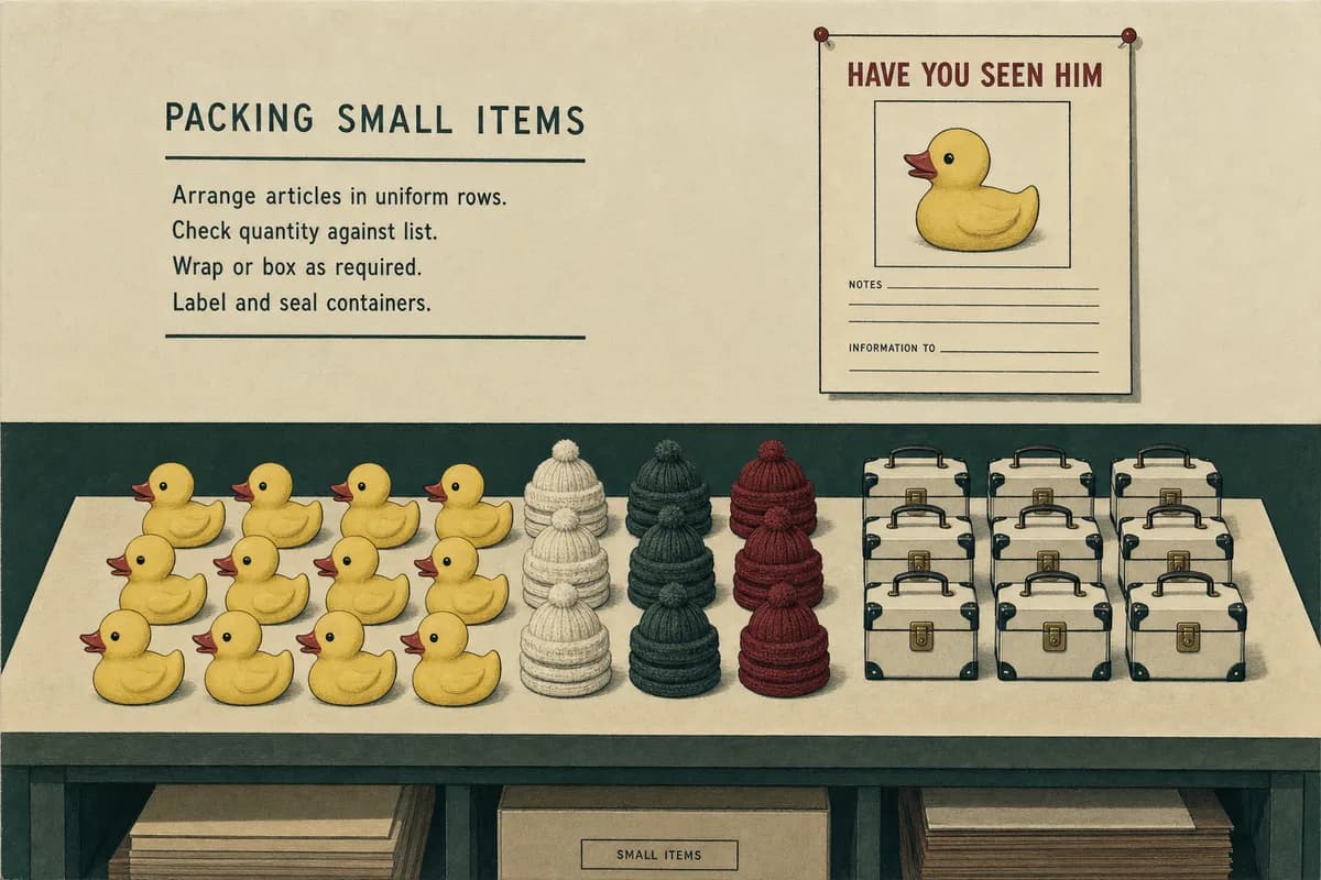 Rows of yellow rubber ducks beside stacks of tiny knitted hats and miniature suitcases, with a flyer template reading HAVE YOU SEEN HIM pinned above a packing table.