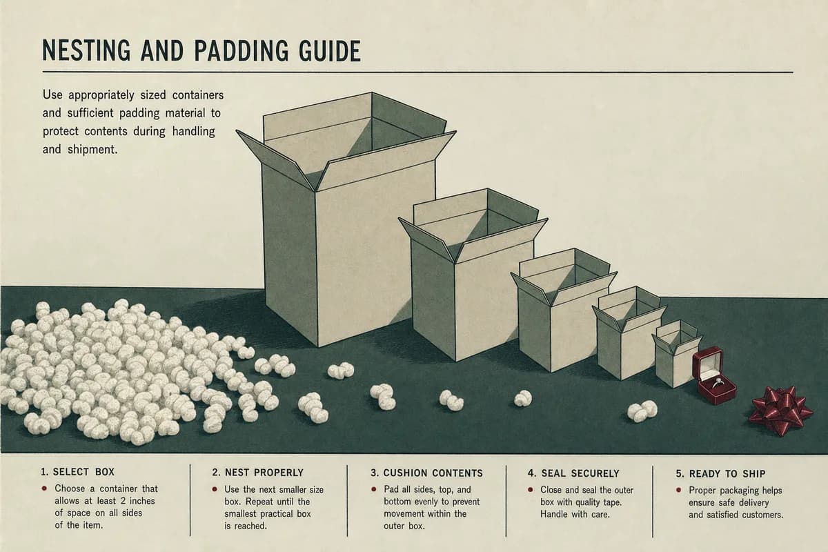 An open appliance-sized cardboard carton beside a descending row of nested boxes ending at a small velvet jewelry box, with drifts of packing peanuts and a single adhesive bow.