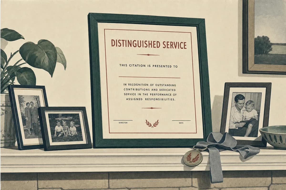 A framed award citation standing on a living room mantel between casual snapshots, a small medal on a gray ribbon draped beside it.