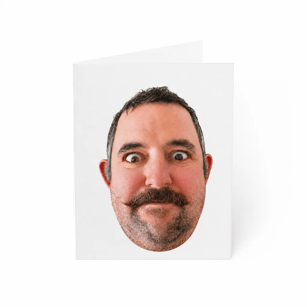 The greeting card standing folded, our picture printed on the front.