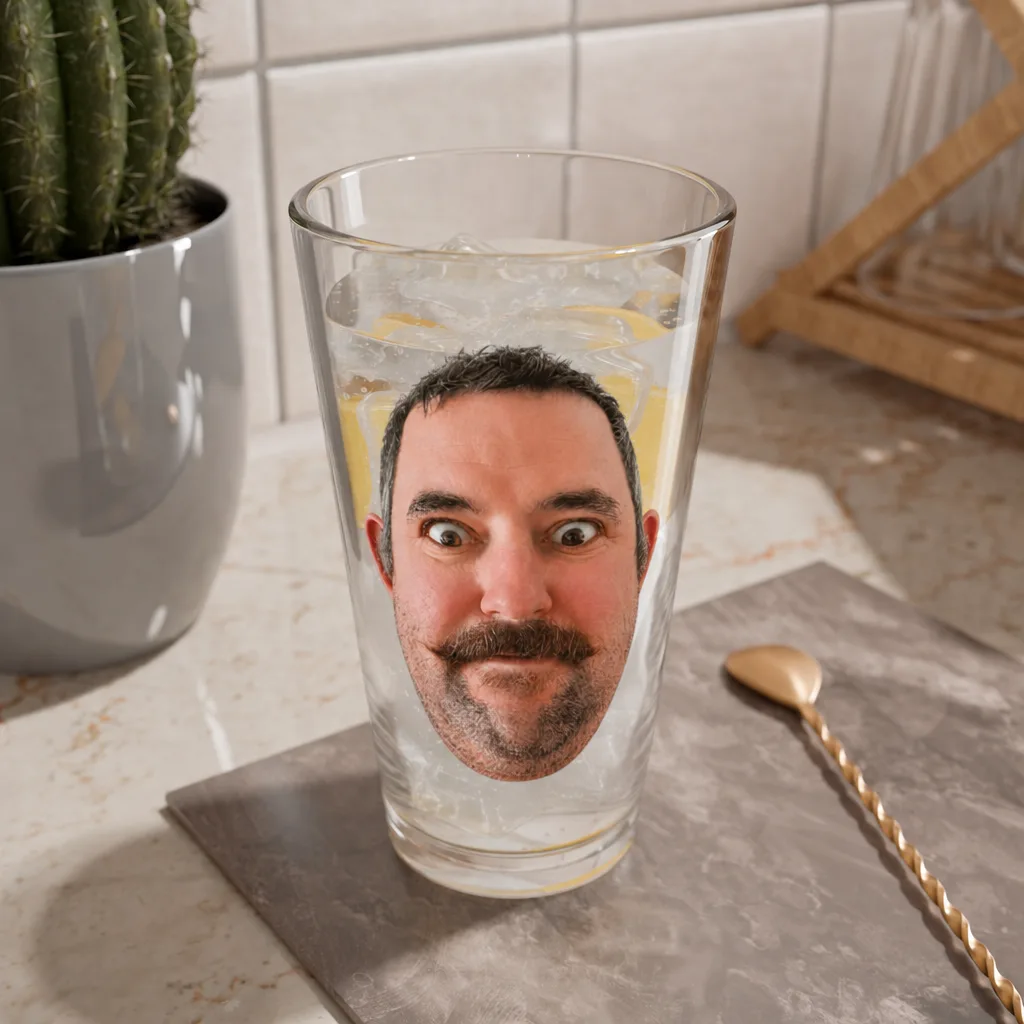 The mixing glass on a counter, our picture printed around the front of it.