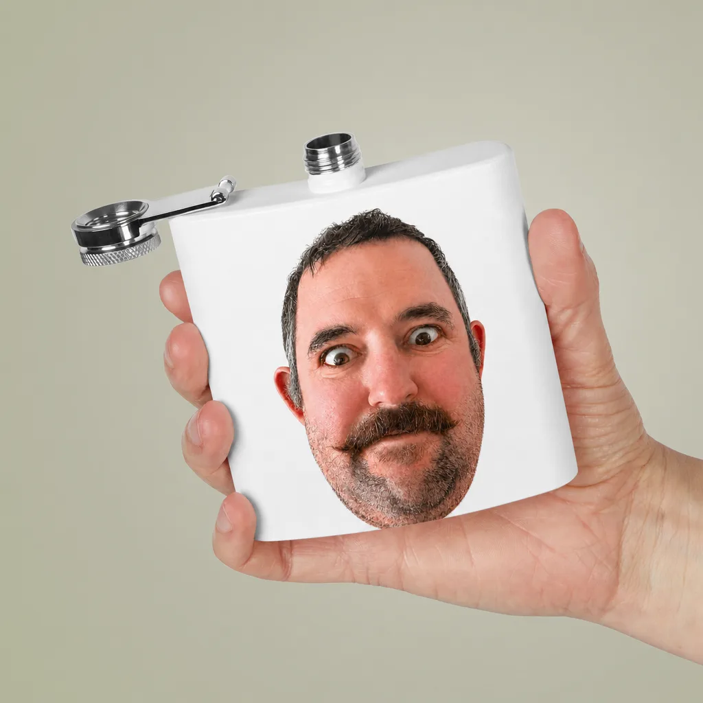 Someone holding the flask, our picture printed across the front of it.
