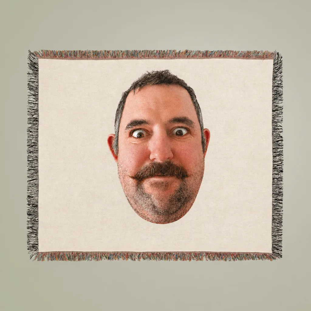 The fringed woven blanket laid flat, our picture woven into the middle of it.