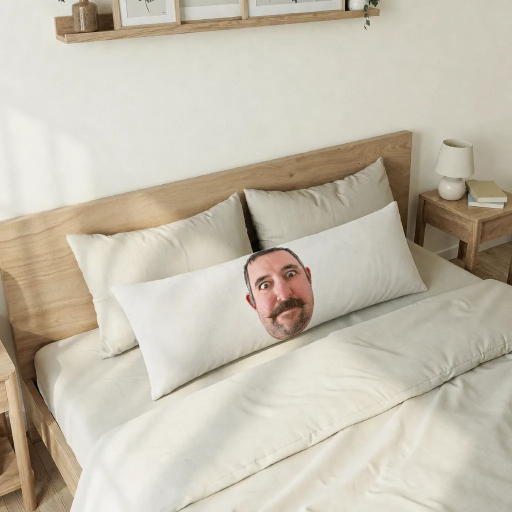 The body pillow on a made bed, our picture printed in the middle of it.