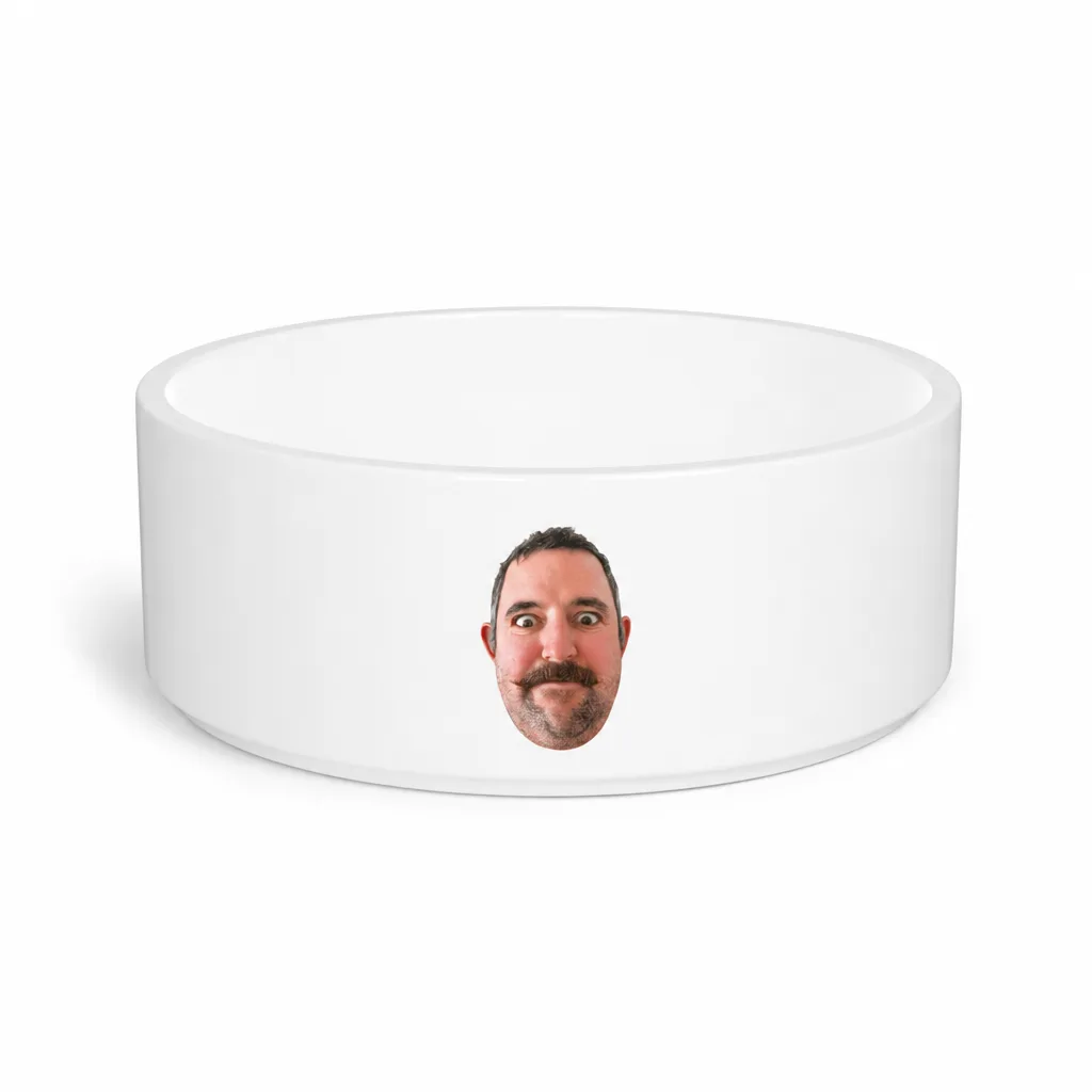 The pet bowl, our picture printed small on the side.