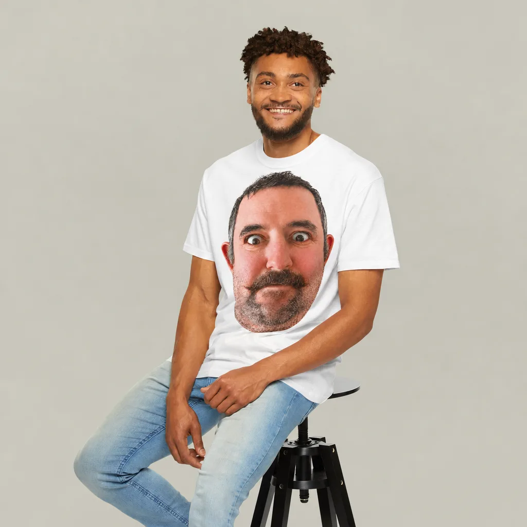 Someone wearing the white t-shirt, our picture printed big across the chest.